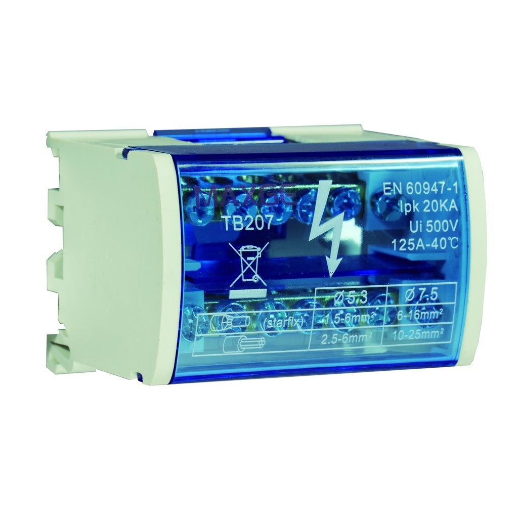 REPARTIDOR DE FASES 2P 125A 5XØ5.3MM+2XØ7.5MM - REF. TB207, MAXGE